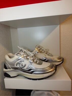 CHANEL Fabric Laminated Calfskin Stretch CC Womens Sneakers 38 White Silver